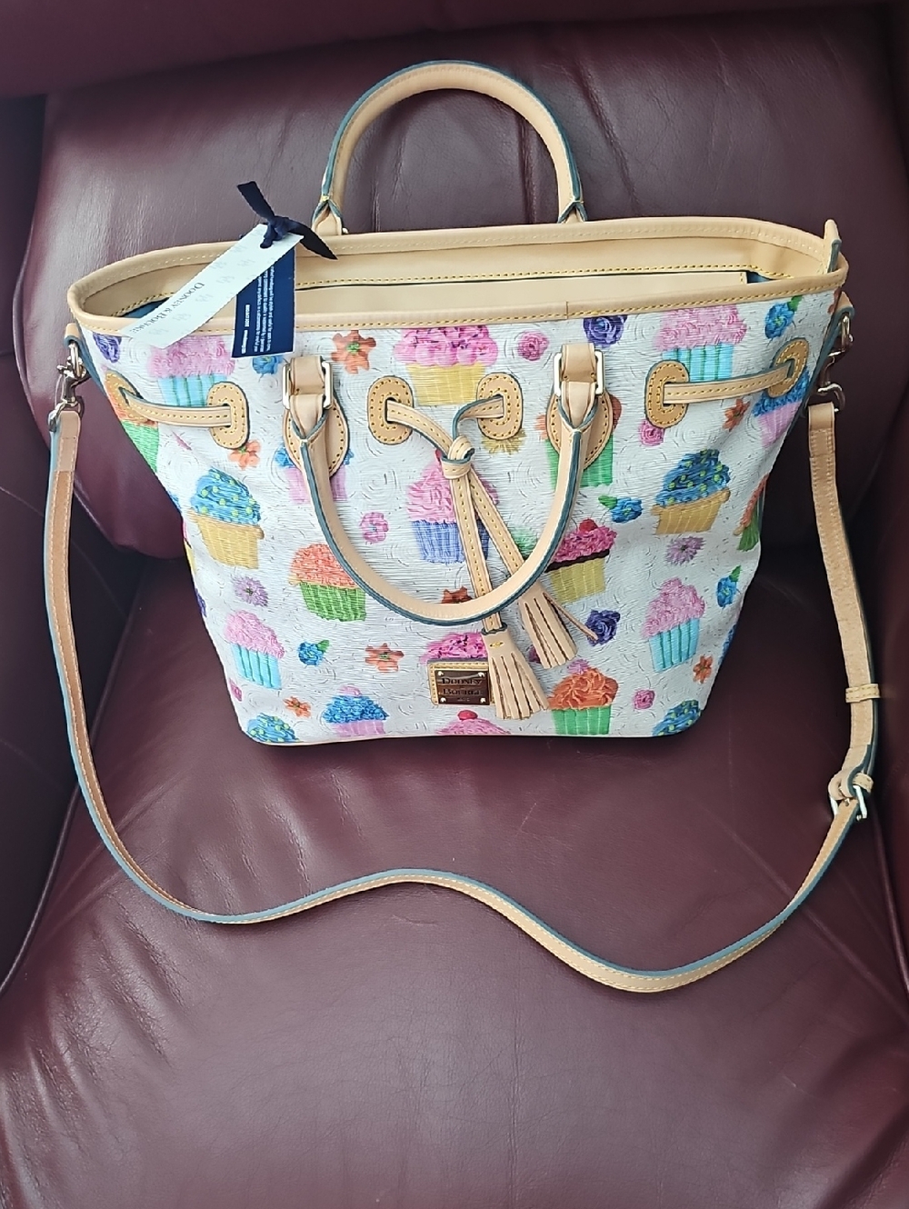 Dooney & Bourke Cream Multicolor Cupcake Print Tote with Tan Trim